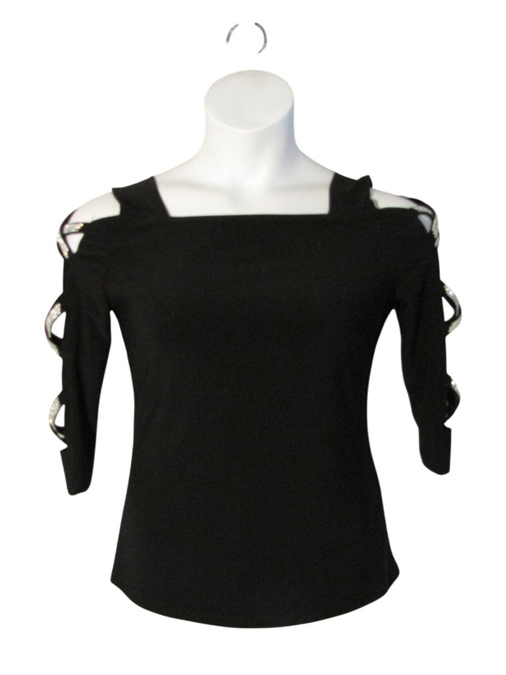 Joseph Ribkoff 8 Black Knit Square Neck Crisscross Rhinestone Sleeve Top